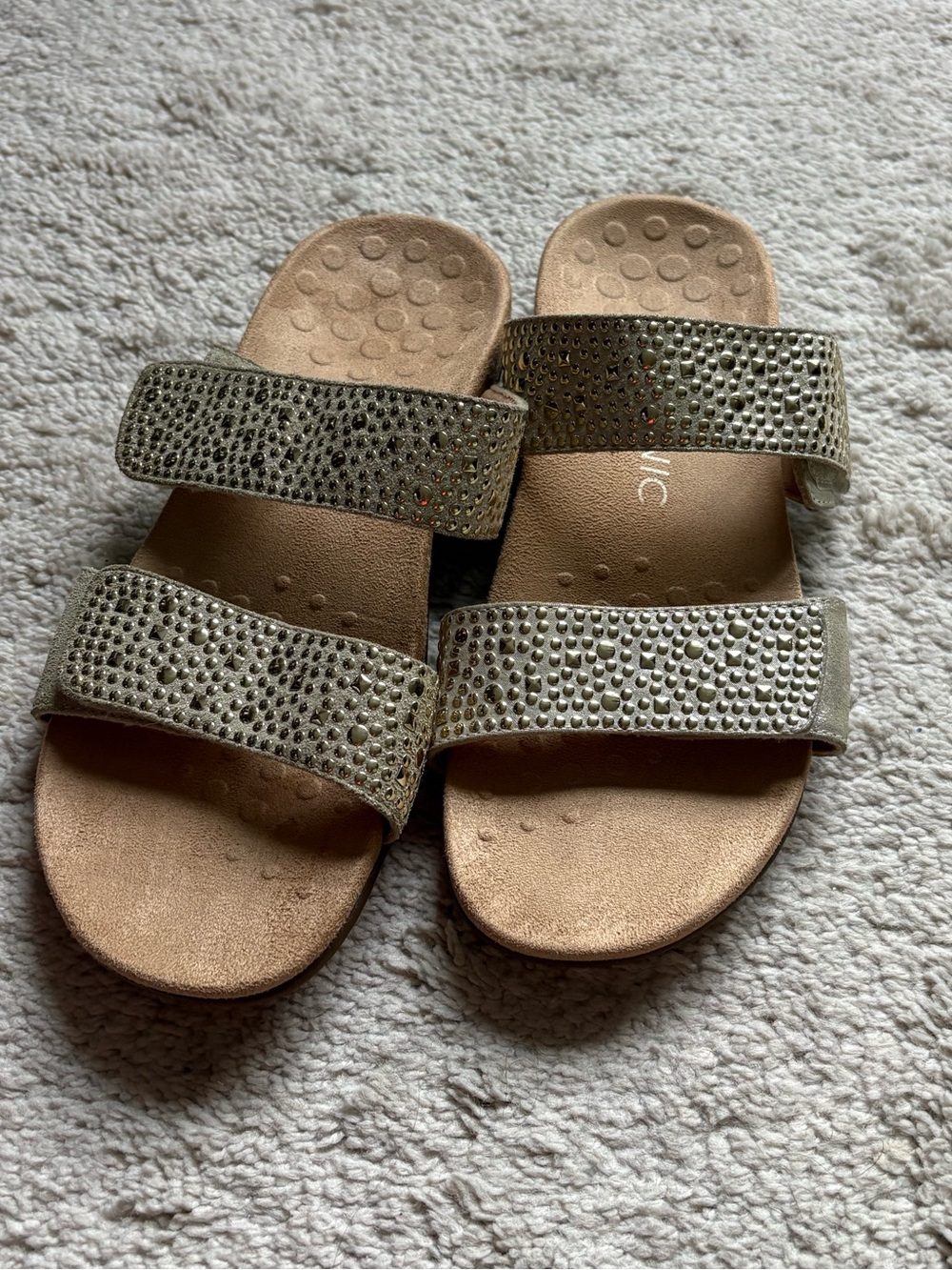 Vionic Metallic Gold Double-Strap Crystal Slide Sandals for Women